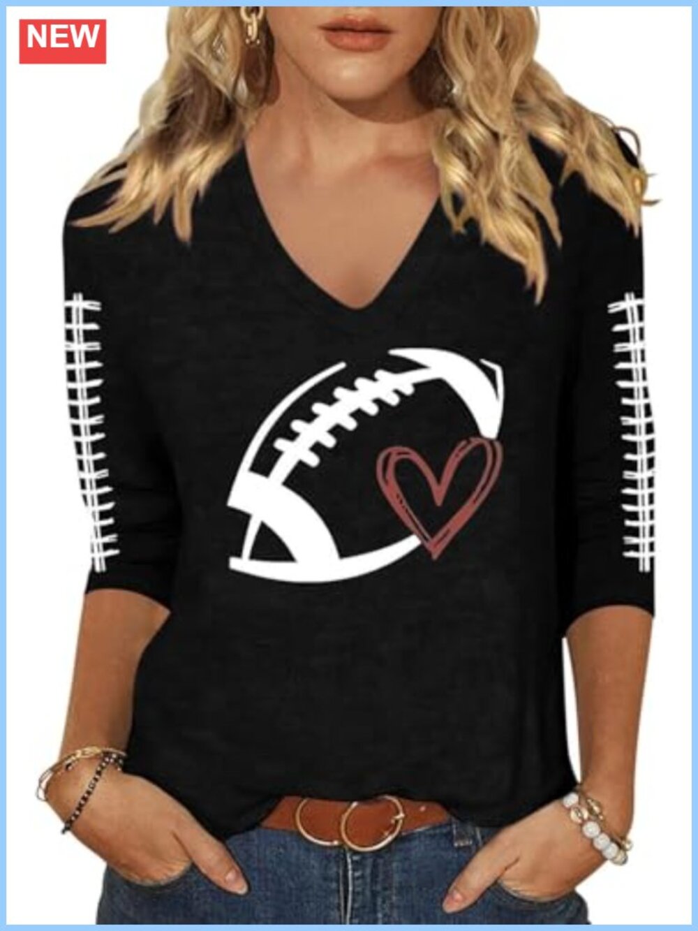 Women's 3/4 Sleeve V-Neck Football Graphic T-Shirt Casual Blouse